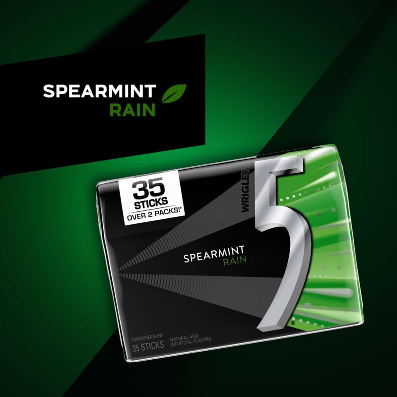 5 GUM - Spearmint Rain Sugar-Free, Chewing Gum, 35-Stick Pack, 6 Packs, Spearmint Rain - Image 2